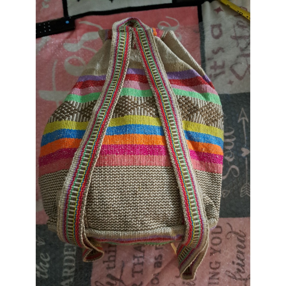 Boho Woven Striped Backpack Multi-Color Drawstring Rucksack Festival Bag - Picture 3 of 4